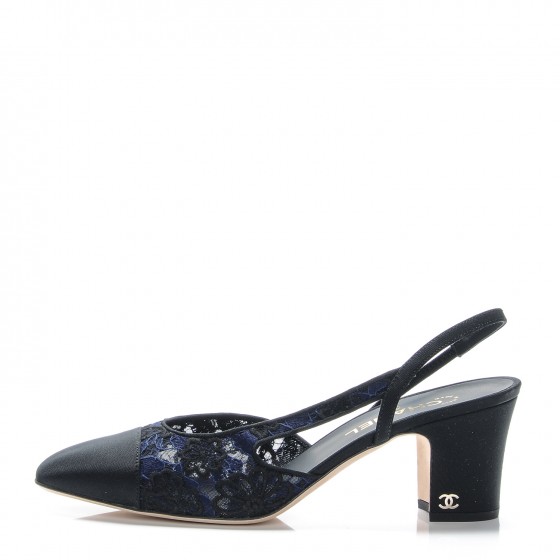 CHANEL Lace Grosgrain Cap Toe CC Slingback Pumps 41 Navy