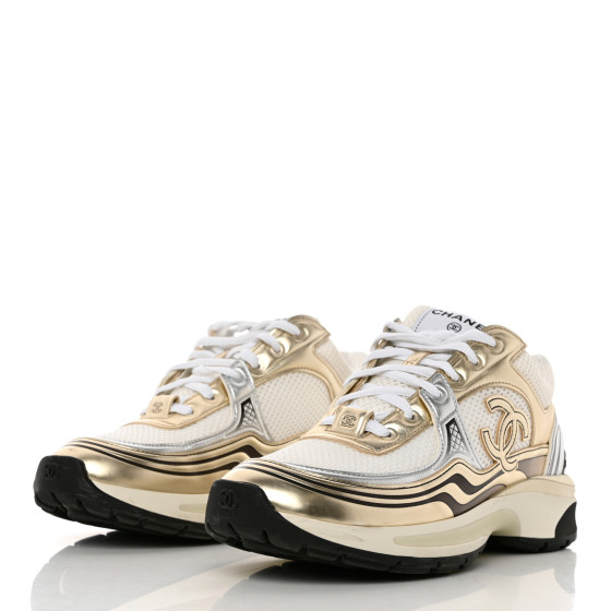 CHANEL Nylon Metallic Lambskin CC Sneakers 37.5 White Gold