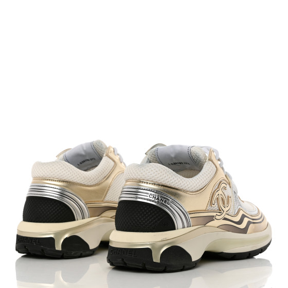 CHANEL Nylon Metallic Lambskin CC Sneakers 37.5 White Gold
