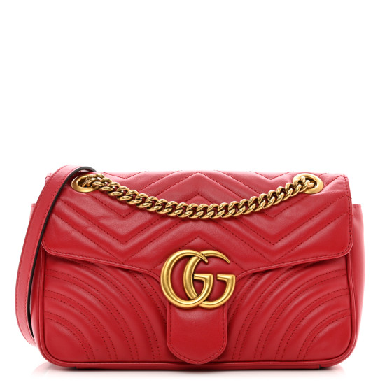 GUCCI Calfskin Matelasse Small GG Marmont Shoulder Bag Hibiscus Red