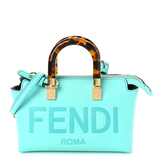 FENDI Vitello King Plexiglass Logo Embossed Mini By The Way Top Handle Boston Bag Spring Turquoise