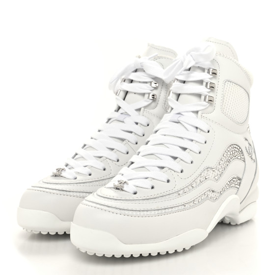 CHANEL Calfskin Mesh Strass Womens CC Sneakers 39 White