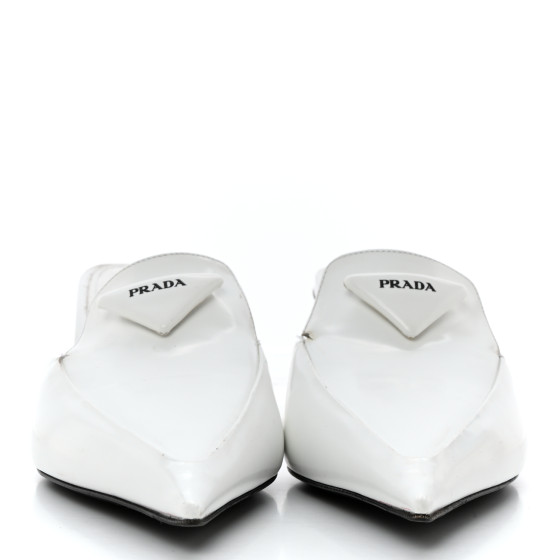 PRADA Spazzolato Triangle Logo Pointed Toe 55mm Mules 38.5 White