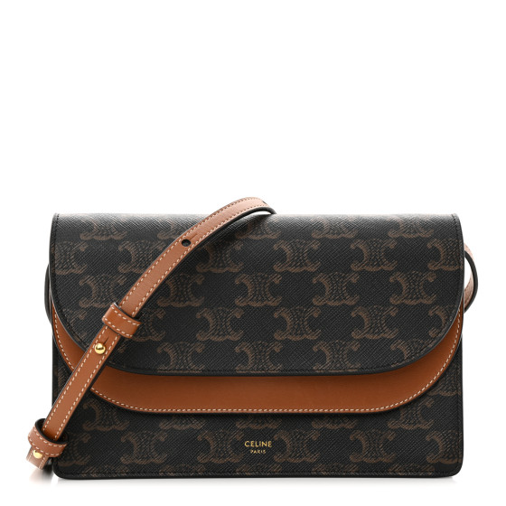CELINE Triomphe Canvas Lambskin Wallet On Strap Tan