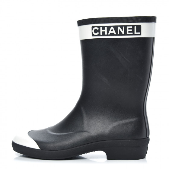 CHANEL Rubber Logo Short Rain Boots 40 Black White 706456