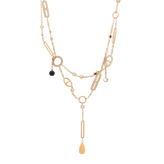 HERMES 18K Rose Gold Diamond Pink Opal Black Jade Chaine d