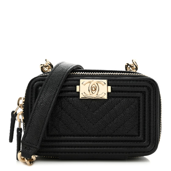 CHANEL Caviar Chevron Quilted Mini Boy Clutch With Chain