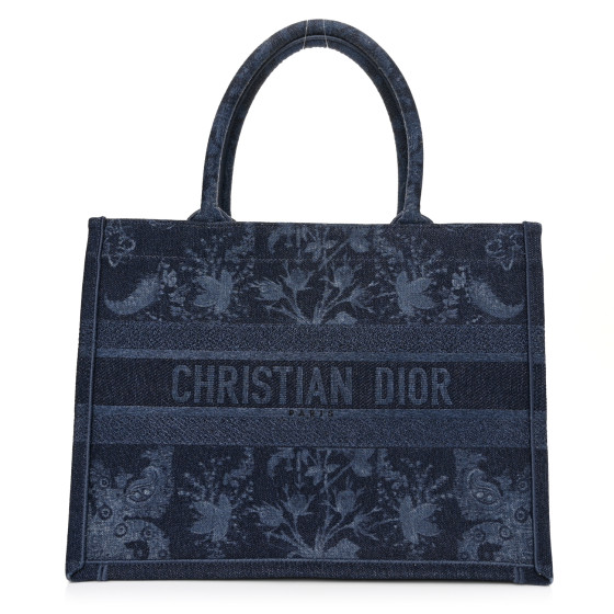 CHRISTIAN DIOR Denim Flowers Embroidered Medium Book Tote