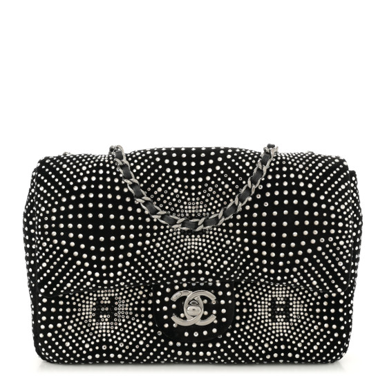 CHANEL Velvet Strass Evening Flap Bag Black Silver 1618719