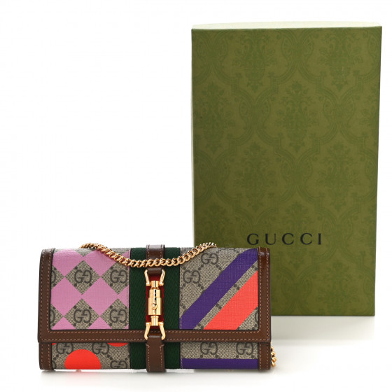 折りたたみ財布 GUCCI Jackie 1961 GG Supreme fabric and leather wallet with GUCCI GG Supreme Monogram Geometric Web Jackie 1961 Chain