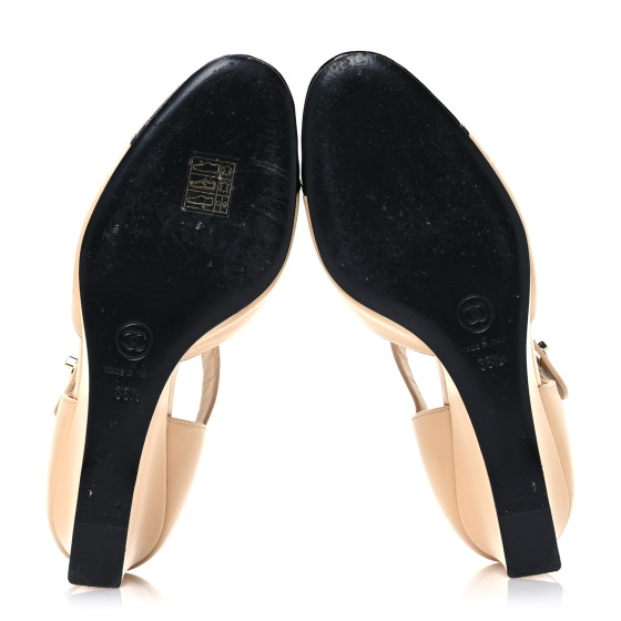 CHANEL Lambskin Patent Cap Toe Mary Jane Wedge Pumps 38.5