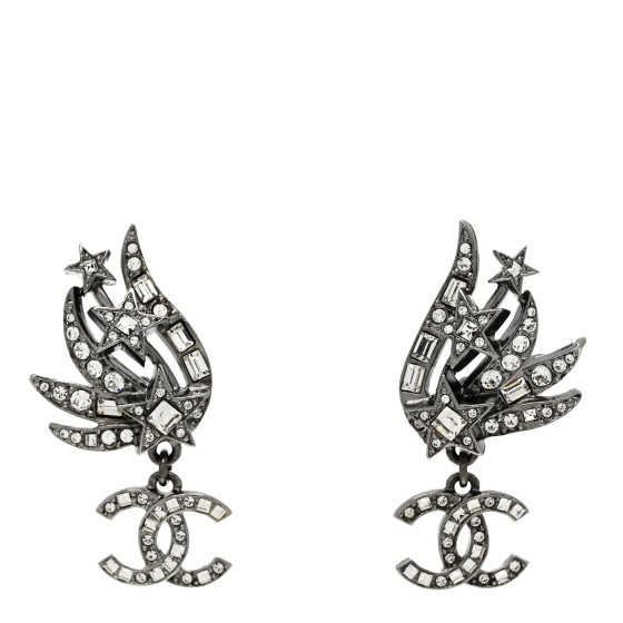 CHANEL Crystal Baguette CC Wing Star Earrings Silver 1699286