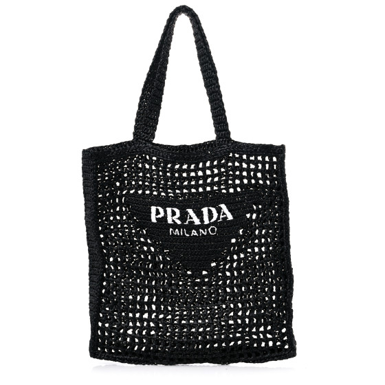 【PRADA】BIG SALE ★Crochet LOGO かぎ針編みトートバッグ PRADA Yarn Raffia Effect Crochet Logo Embroidered Tote Bag