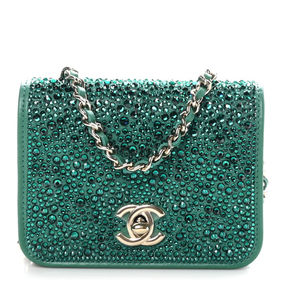 CHANEL Lambskin Crystal Diamante Clutch With Chain Green