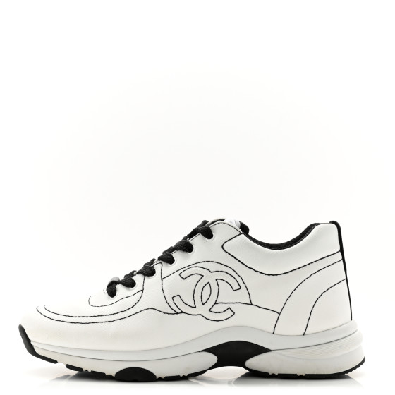 CHANEL Cotton Womens CC Sneakers 37 White Black 1574371