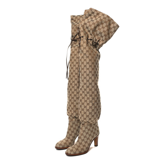 GUCCI Monogram Over the Knee Boots 36 Beige Ebony 1572617