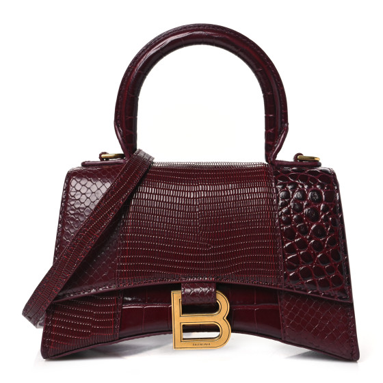 25SS new/BALENCIAGA Hourglassショルダーバッグ Bag Burgundy BALENCIAGA Calfskin Crocodile Lizard Embossed XS Patchwork