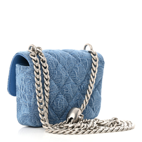 CHANEL Denim Quilted Camellia Sweetheart Clutch With Chain Blue