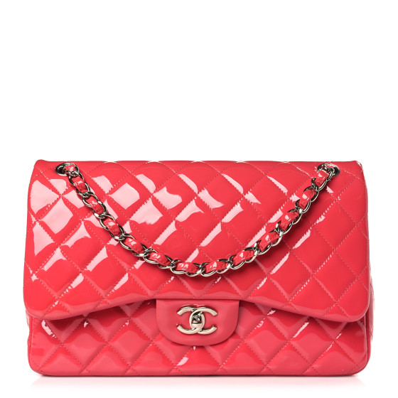 CHANEL Patent Quilted Jumbo Double Flap Pink