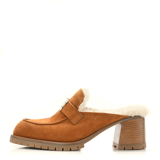HERMES Suede Goatskin Woolskin Flore 60 Mules 39 Brun