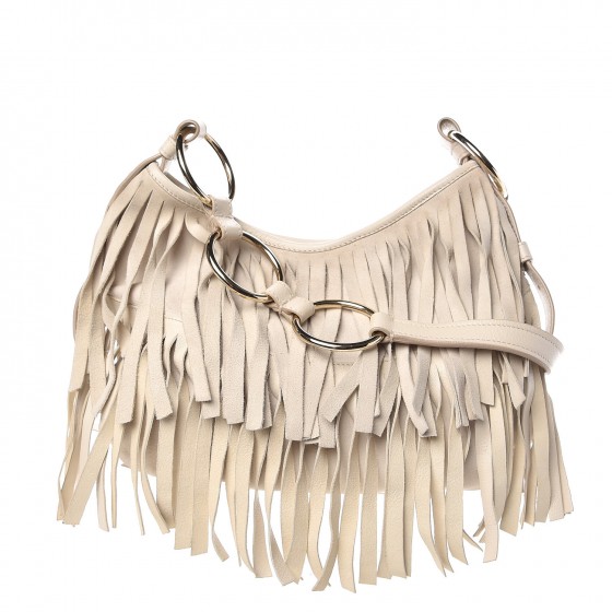 SAINT LAURENT Suede Boheme Fringe Shoulder Bag Ivory 294274