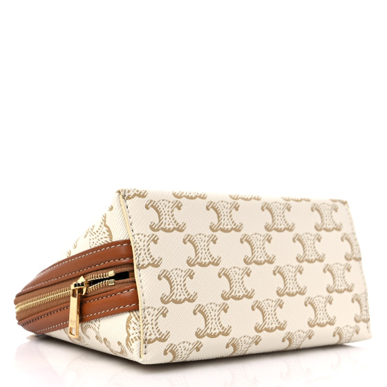 CELINE Lambskin Triomphe Canvas Clutch With Chain White Tan
