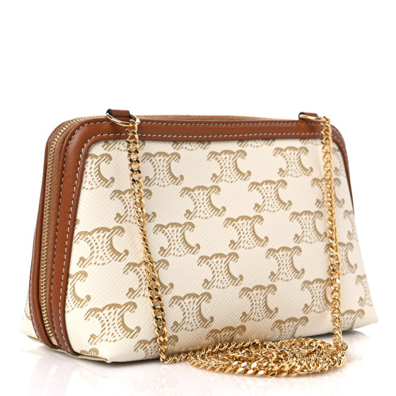 CELINE Lambskin Triomphe Canvas Clutch With Chain White Tan