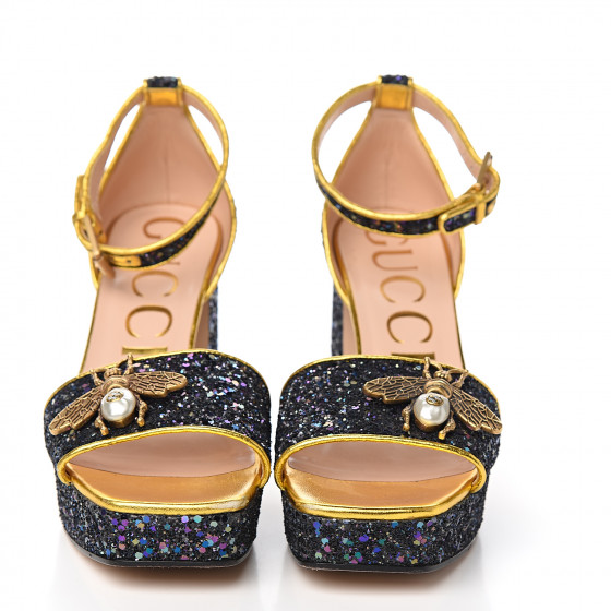 GUCCI bee 厚底サンダル　38 GUCCI Velvet Pearl Bee Embellished Sandals 38 Black 491423
