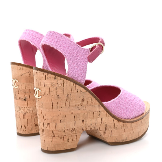 CHANEL Tweed Cork CC Wedge Sandals 38 Pink 1509384