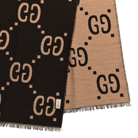 Gucci★素敵！Brown Beige Monogram GG Logo Long Scarf New Auth Gucci Women Monogram GG Jacquard Silk & Wool Scarf