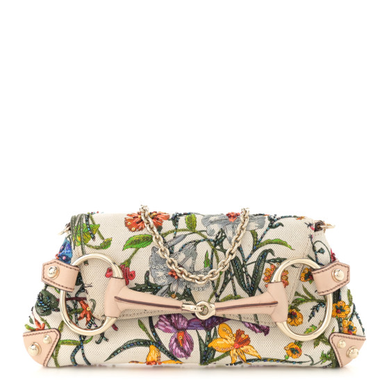 GUCCI Canvas Flora Floral Beaded Small Horsebit Chain Clutch