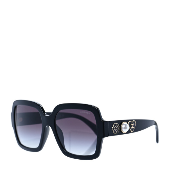 【あさ1204】　CHANEL CHANEL Acetate Charms Pearl Square Sunglasses 5479-A Black