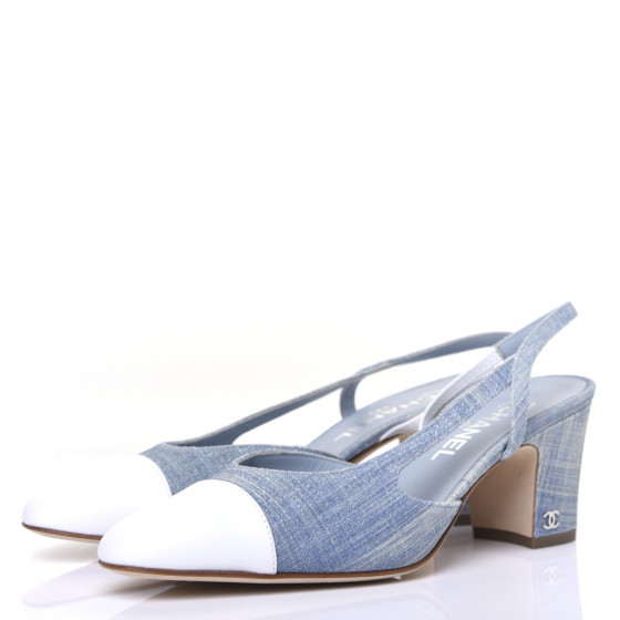 CHANEL Denim Lambskin Cap Toe CC Slingback Pumps 39 Light