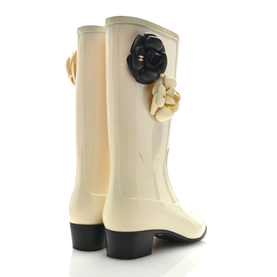 CHANEL Rubber Camellia Rain Boots 36 Off White 1452254