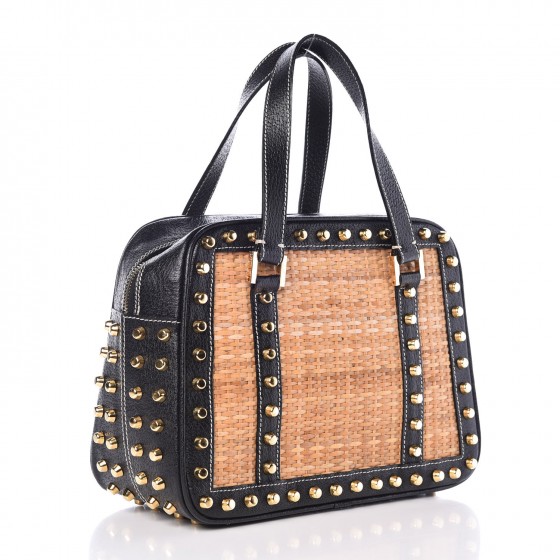 FENDI Woven Straw Wicker Calfskin Studded Bag Black 327849