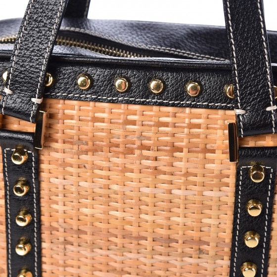 FENDI Woven Straw Wicker Calfskin Studded Bag Black 327849