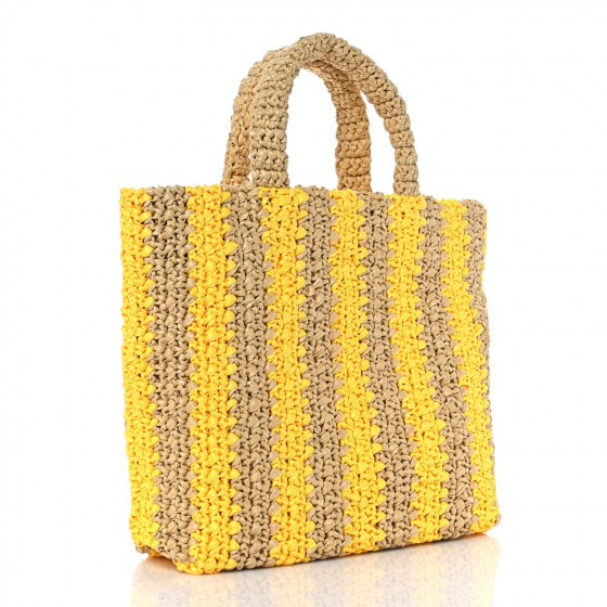 【送料&関税込】Prada Yellow\\/papaya Striped Wool And Cashme PRADA Yarn Raffia Effect Crochet Striped Small Logo Tote