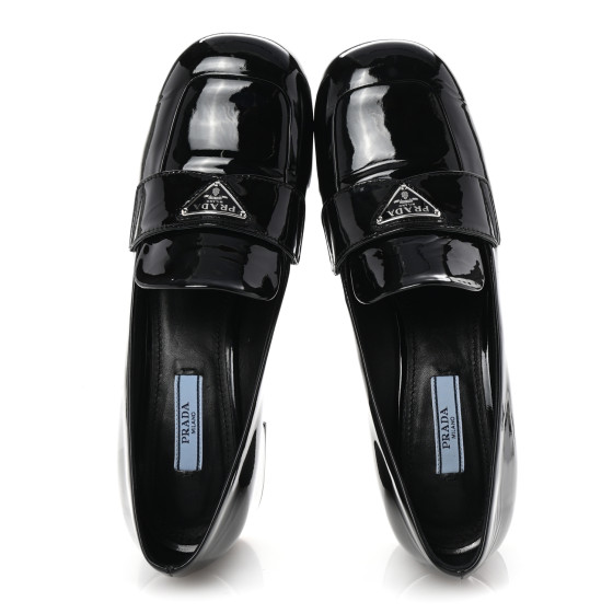 PRADA Vernice Metal Triangle Logo 45mm Loafer Pumps 38 Black