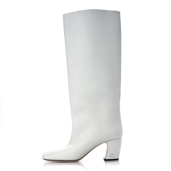 MIU MIU Calfskin Knee High Heel Boot 38 White 1684138