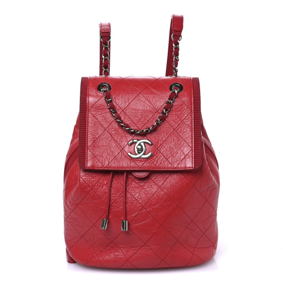 CHANEL Crumpled Grained Calfskin Quilted Backpack Red
