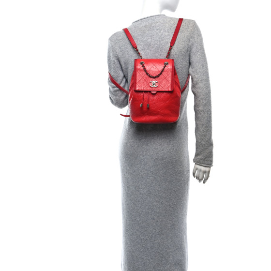 CHANEL Crumpled Grained Calfskin Quilted Backpack Red