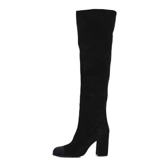 25A◆上品でときめく存在感♪【CHANEL】high boots black suede authentic Chanel Mirror Heel Suede Over-Knee Boots Black