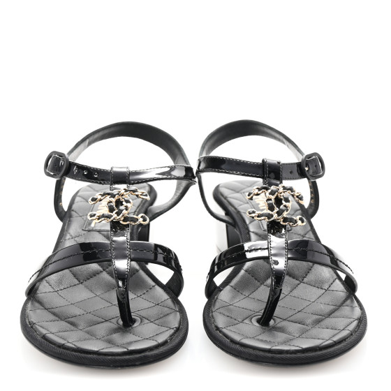 CHANEL Patent CC Logo Thong Sandals 37 Black 1674185