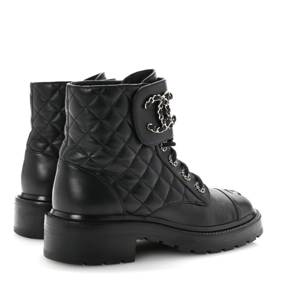 CHANEL BOTTINES ブーツ 0C857 ブラック 37 24cm CHANEL Shiny Lambskin Quilted Lace Up Combat Boots 37 Black