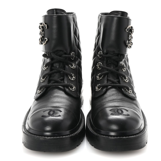 CHANEL Shiny Lambskin Quilted Lace Up Combat Boots 37 Black