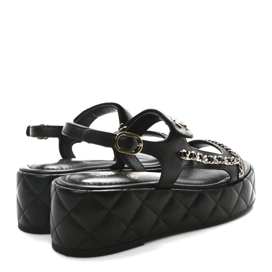 CHANEL Lambskin Quilted Chain CC Platform Sandals 37.5 Black