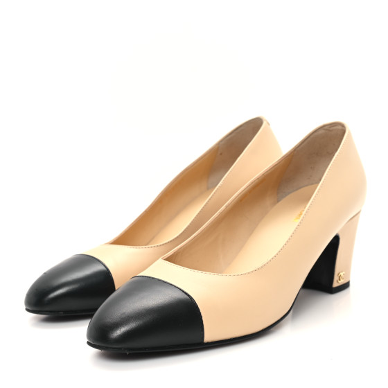 CHANEL Lambskin Cap Toe CC Uniform Pumps 41 Beige Black