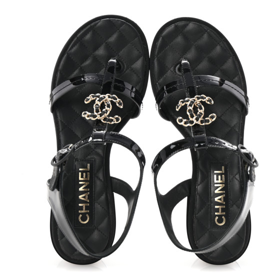 CHANEL Patent CC Logo Thong Sandals 37 Black 1674185