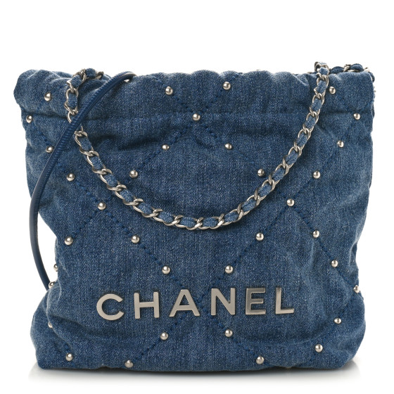 CHANEL Washed Denim Quilted Studded Mini Chanel 22 Blue
