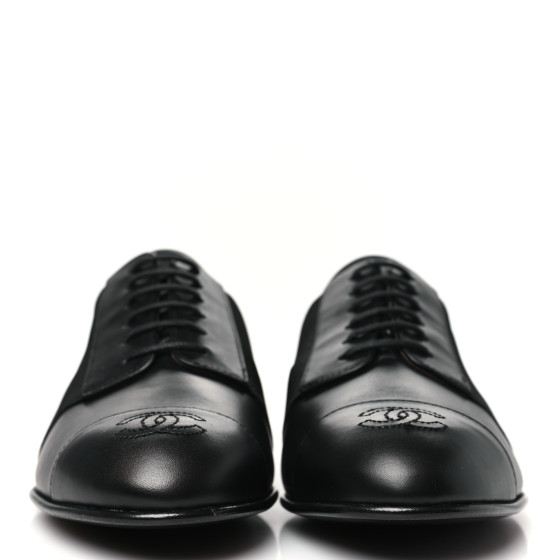 CHANEL Calfskin Elastic Lace Up Cap Toe CC Loafers 37 Black